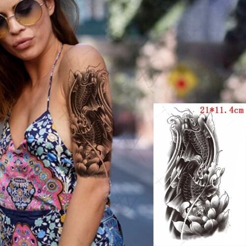 Waterproof Temporary Tattoo Sticker Sketch Black Koi Lotus Ins Body Art Back Belly Arm Fake Tatoo Flash Tatto for Women Men