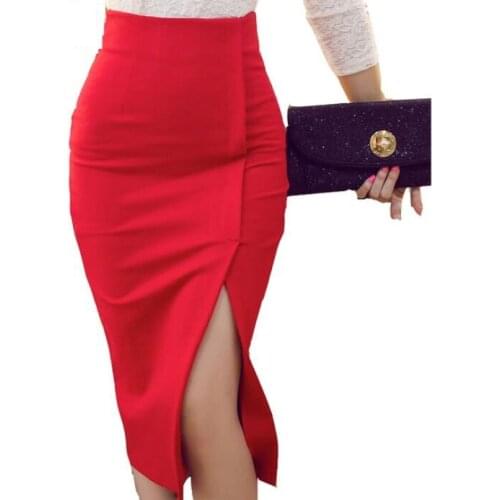 5XL Plus Size Midi Skirt Women 2019 Fashion OL Office Pencil Skirts Womens Jupe New Arrival Slit High Waist Skirt Black Red
