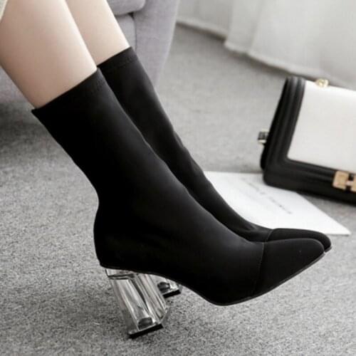 Womens shoes high heels stretch fabric sleeves square heel 8cm pointed toe tube thick womens boots