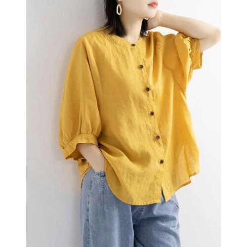 Women Casual Solid Color O Neck Half Sleeve Single-breasted Loose Blouse Shirt