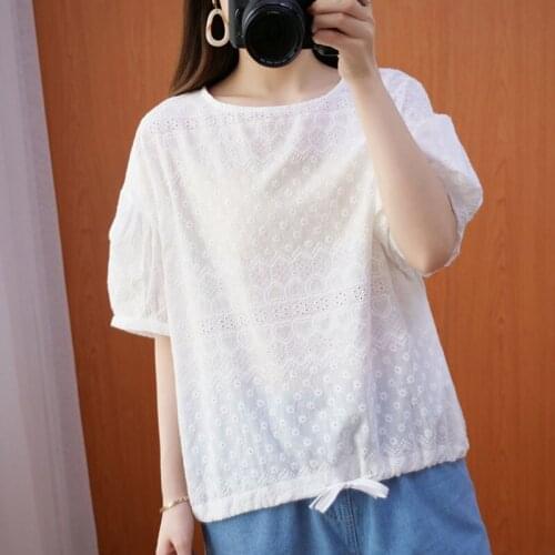 Women White Casual T-shirts New Arrival 2021 Summer Simple Style O-neck Embroidery Loose Comfortable Female Tops Tees S3636