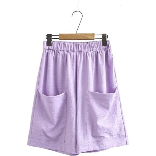 Plus Size L-2XL Women Ice Silk&Linen Knee Length Shorts Casual Solid Wide Leg Summer Shorts with Big Pockets