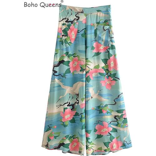 Boho Queens women birds print wide leg bohemian pants ladies loose rayon cotton long pants