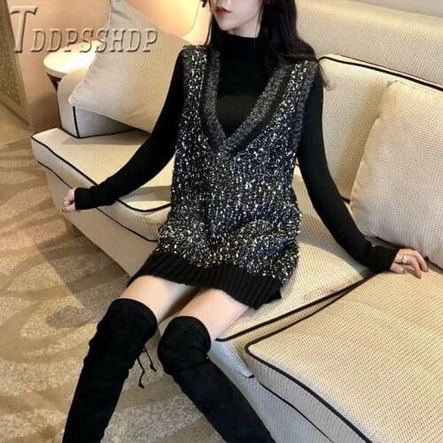 2019 V Neck Vests And Turtleneck Bottoming Dress Women Sets 2 Colors Can Choose Female Sets