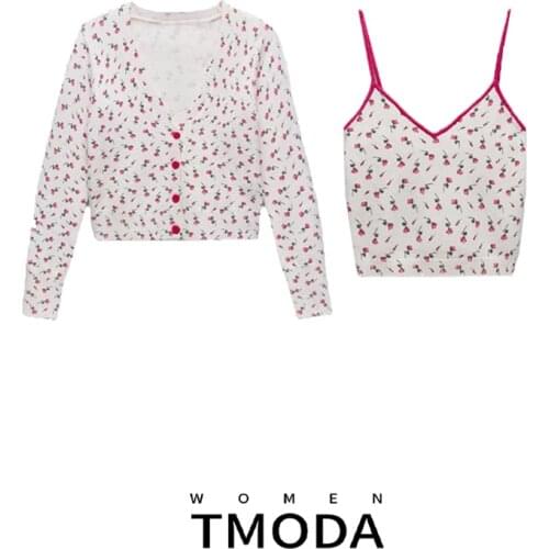 TMODA987 2021 Spring Womens Sweaters Two Pieces Cardigan Jumpers Knitted Coat Floral Cropped Female Slim Sexy Vintage Tops