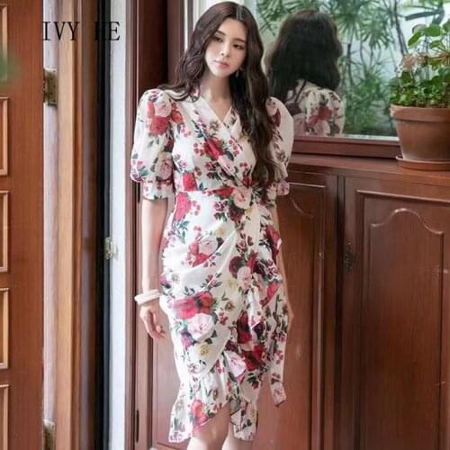 IVY HE High Quality Summer Dress Woman Clothing Vintage Chiffon Sweet Print Asymmetry Midi Long Dress Traf Robe ZA Party Dresses