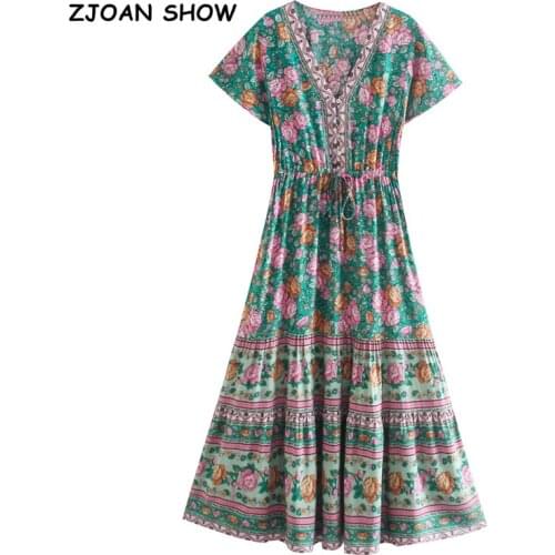 2021 Summer Bohemia V neck Flower Print Dress BOHO Woman Lacing up Ruched Elastic Waist Maxi Long Holiday Dresses Beach