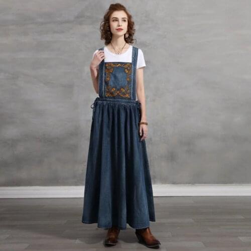DUISNENA boho dress casual cotton blue denim women dresses strap summer floral embroidery robe belt waist mujer vestidos