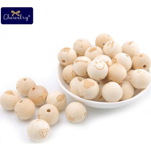 200PC 20mm Wooden Beads Print Maple Ball Round Spacer Wooden Teether Smiling Face Beads For DIY Pacifier Chain Kid Product Toys
