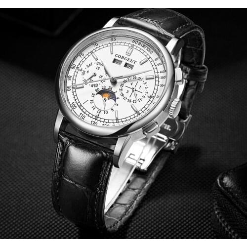 CORGEUT Top Brand Mens Automatic Mechanical Watch Leather strap Watch 50M Waterproof Clock Genuine Leather Mens Watch