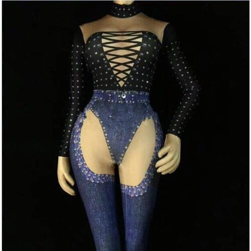 Black Bandage Jeans Printed Jumpsuit Rhinestones Stretch Outfit Nightclub Female Singer Prom Party Bodysuits One-piece Clothes