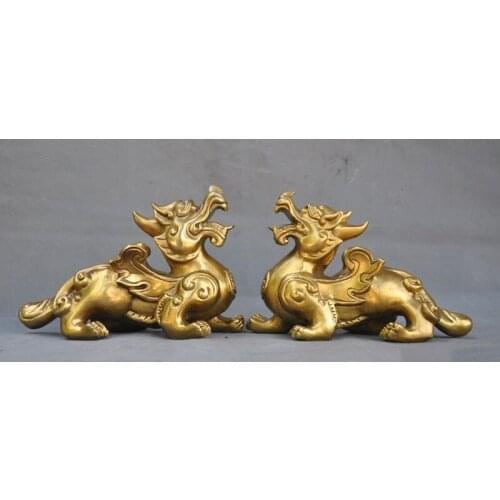 Details about 7"old Chinese brass Feng shui wealth brave troops pixiu beast statue pair