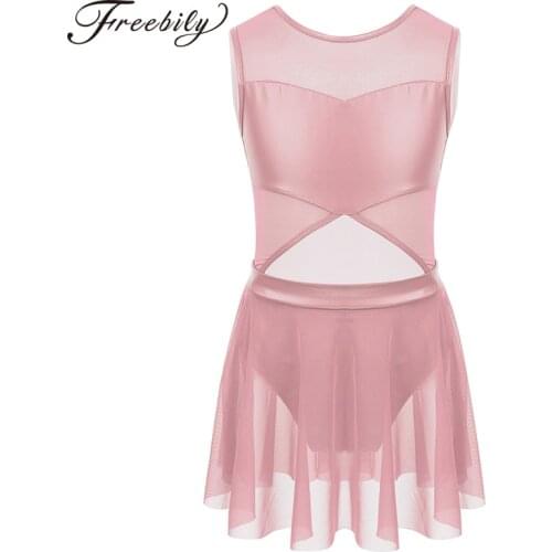 Kids Teens Sleeveless Faux Leather Tulle Mesh Splice Ballet Dance Costume Gymnastics Leotard Girls Figure Ice Skating Dress