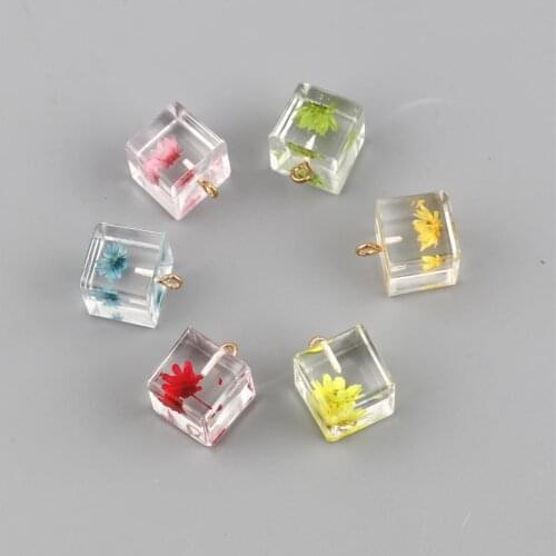 Doreen Box Resin Charms Pendants Square Dried Flower Gold Plated Multicolor Pendant for DIY Necklace for Women Gift 17x14mm 5PCs