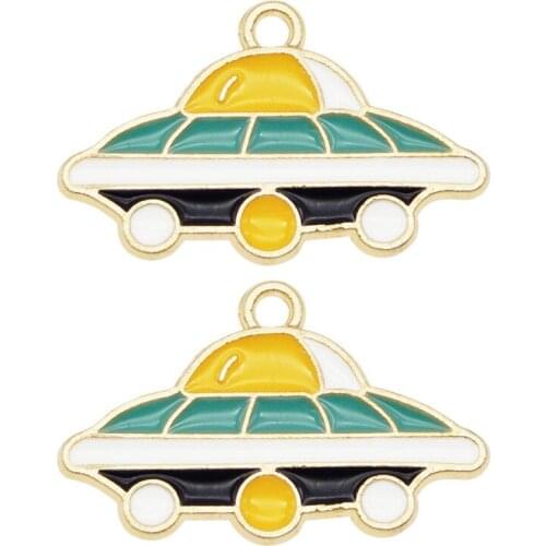 Julie Wang 4PCS Enamel Cartoon UFO Charms Alloy Gold Tone Spaceship Pendant Bracelet Jewelry Making Accessory