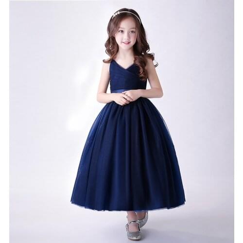 Elegant Flower Girls Dresses Kids Suspender Navy Blue Long Maxi Tulle Party Wedding Dress Girls Graduation Dress Vestido