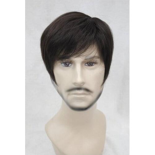 Hot heat resistant AA Party hair>>Brand Wigs -Dark Brown Short Oblique Bangs Straight Nature Mens Wig