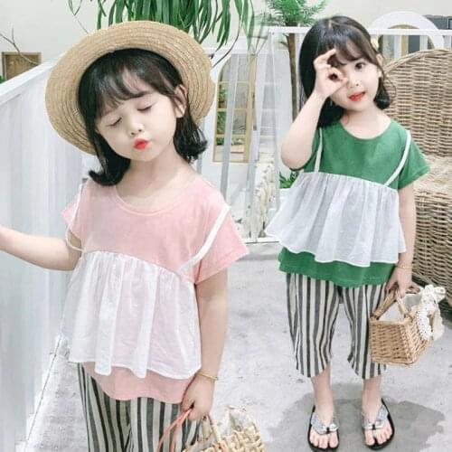 DFXD 2020 Summer Toddler Girls Sets New Short Sleeve Sling T-shirt Loose Striped Pant 2pc Children Clothes Casual Outfit Suit