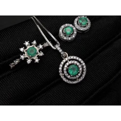 Natural green emerald gem Ring Pendant earrings Natural Gemstone Jewelry Set S925 Silver elegant Simple round girl party jewelry
