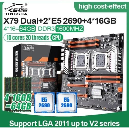 JINGSHA x79 dual cpu motherboard combo LGA2011 with 2*E5 2690*2 with8 Channel DDR3 4*16GB=64GB 1600Mhz ECC REG RAM