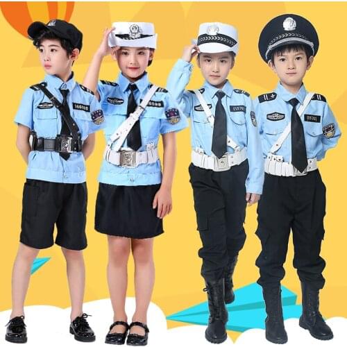 2019 Policemen Cop Uniform Policewomen Fancy Performance Boys Girls Clothing Set Long/short Sleeve Unisex Childrens Teenager
