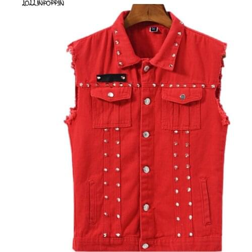 Punk Men Riveted Denim Vest Turn Down Collar 2021 New Chest Flap Pockets Sleeveless Mens Jean Jacket Raw Edge Red / Black