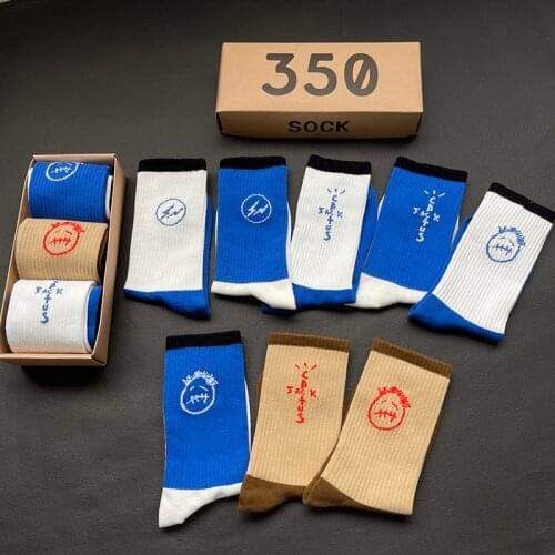 Mens Crew Cactus Jack Socks Pure Cotton Travis cott Sport Hip Hop Skateboard White /Blue/Brown Sockken Wholesale 3 Pairs/Box
