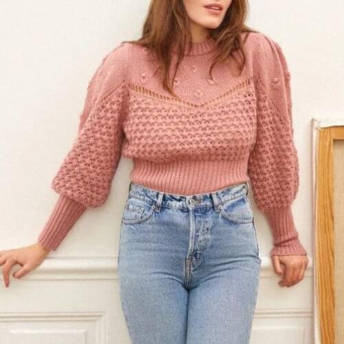2020 Autumn and Winter New Round Neck Crochet Hollow Design Puff Sleeve Sweater
