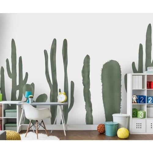 Customized large-scale 3D mural wallpaper Nordic tropical plants hand-painted cactus Nordic small fresh TV background wall