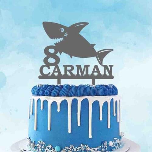 Personalised Shark Cake Topper Custom Kids Name Age Shark Silhouettes For Child Birthday Party Cake Decoration