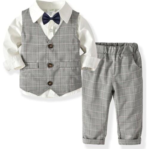 New boy baby long-sleeved shirt stripe plaid vest trousers gentleman bow tie 2-7 years clothing baby birthday party dress set