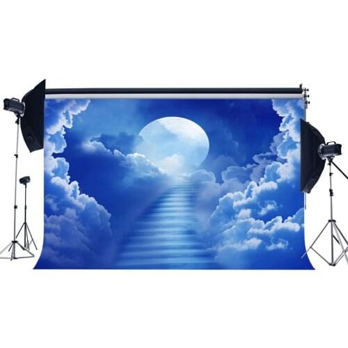 Steps to Heaven Backdrop Fairytale Shining Moon Night Blue Sky White Cloud Dreamy Landscape Background