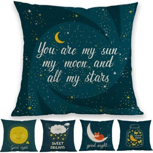 Dark Background Lovely Cartoon Sun Moon Stars Bear Good Night Blessings Pillow Case Childrens Room Decoration Cushion Cover