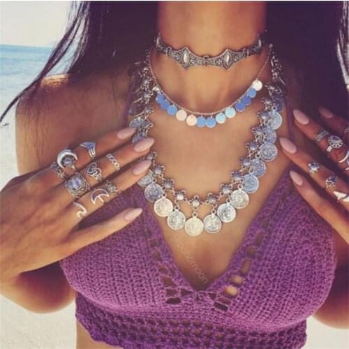 Flower Coin Collar Statement Necklace Adjustable Handmade Gypsy Beachy Ethnic Tribal Festival Turkish Necklace Jewelry