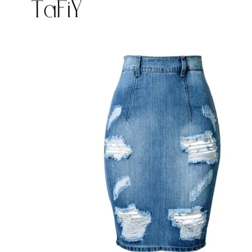 TaFiY 2017 Fashion High Waist Denim Skirt Blue Pencil Skirts 100% Cotton Womens Hole Casual Back Split Summer jeans midi skirt