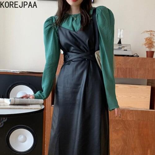 Korejpaa Autumn Retro Two Piece Set Women Solid Round Neck Puff Sleeve Shirt + Cross Tie Pu Leather Sling Dress Suit Femme