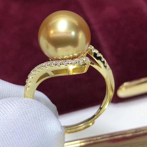 D517 Pearl Ring Fine Jewelry 925 Sterling Silver Round 10-11mm Nature Sea Water Gold Pearls Rings for Women Presents