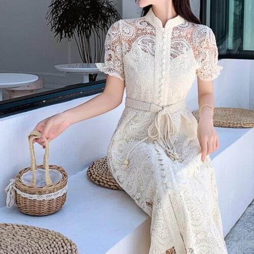 Lace Short Sleeve Solid Single-breasted Embroidery Casual 2021 Summer Bohemian Dress for Wedding Party Woman Dresses Vestidos