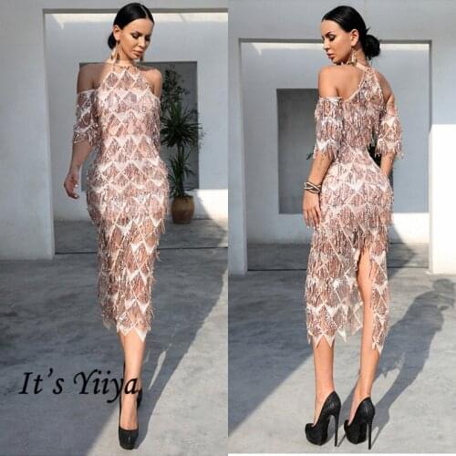 Its Yiiya Sequined Prom Dress Half Sleeve Tassel Prom Dresses for Women Plus Size Split Halter Collar Vestidos De Gala K307