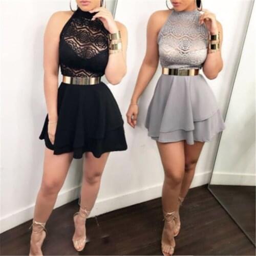 Women Dress Summer Halter Lace Sleeveless Ruffle Bodycon Elegant Ladies Party Mini Bandage Bodycon Belt Hot Clothing