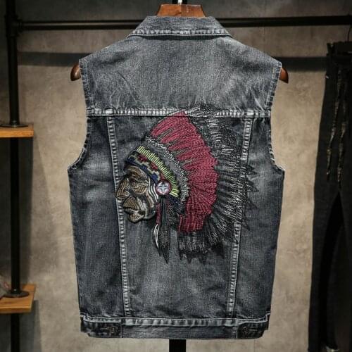 2020 Men Vintage Denim Vests Mens Sleeveless Cowboy Jackets Male Retro Casual Washed Embroidery Indians Vest Waistcoat
