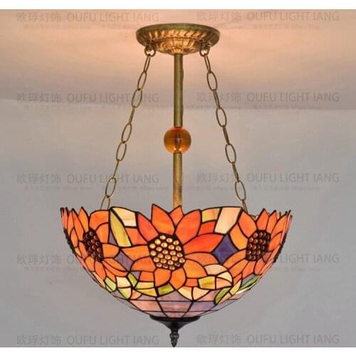 16inch Tiffany sunflower Stained Glass Suspended Luminaire E27 110-240V Chain Pendant lights for Home Parlor Dining Room
