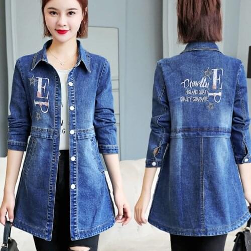 #3140 Spring Long Jeans Jacket Women Embroidery Letters Denim Jacket Casual Slim Windbreaker Denim Coat Female Single Breasted