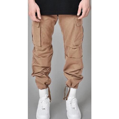 80% HOT SALES！！！Casual Men Solid Color Multi-pocket Leg Opening Drawstring Trousers Cargo Pants