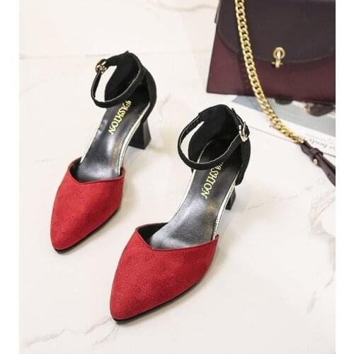 2021 New Sandals Female Summer with A Word Buckle Wild High-heeled Shoes Pointed Thick with Single Shoe Mujer