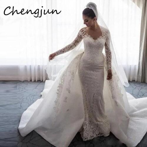 Chengjun Big Bow Long Sleeves Vintage Detachable Mermaid Luxury Wedding Dress