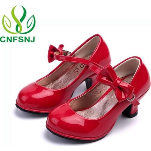 CNFSNJ Classic Bow Girl PU Leather Shoes For Girls Party Dance Children Kids Shoes Princess High Heels Child Wedding Shoes