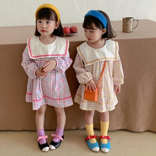 Navy style big lapel sweet plaid pattern girl dress 2021 fall loose girl dress kids cotton clothes