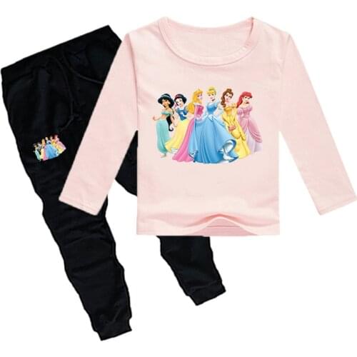 Disney Princess Series 3-8 Girls' Cartoon Heat Transfer Spring and Autumn Long Sleeve T-shirt+Pants Set Snow White, Ariel, Bell