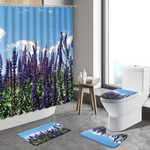 Countryside Garden Flowers Purple Lavenders Shower Curtain Orchid Tulips Butterflies Landscape Decor Sets Bathroom Rug Bath Mats